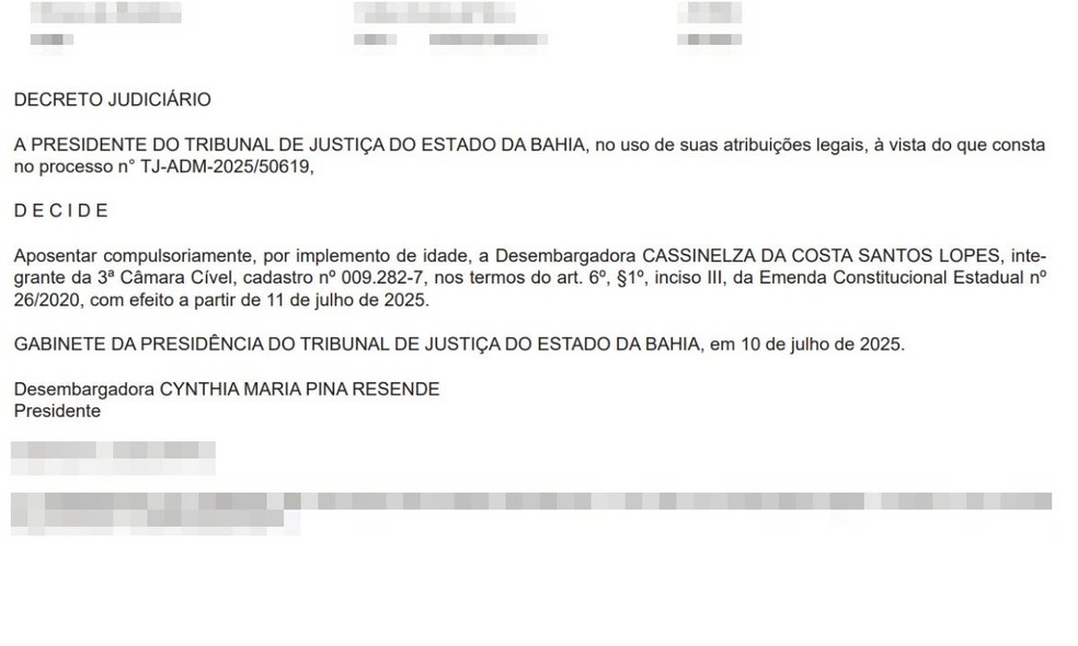 Aposentadoria compulsória de Cassinelza da Costa Santos Lopes — Foto: Reprodução