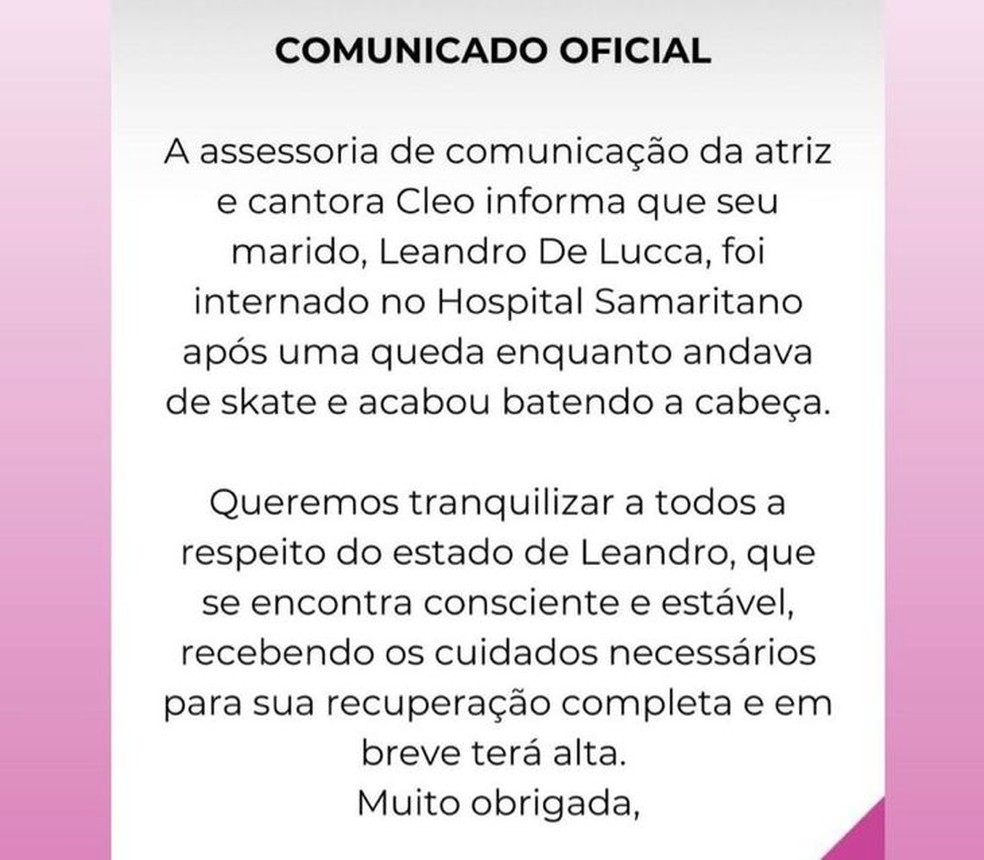 Cleo divulga informa&ccedil;&otilde;es sobre estado de sa&uacute;do do marido ap&oacute;s ele sofrer acidente &mdash; Foto: Reprodu&ccedil;&atilde;o Instagram