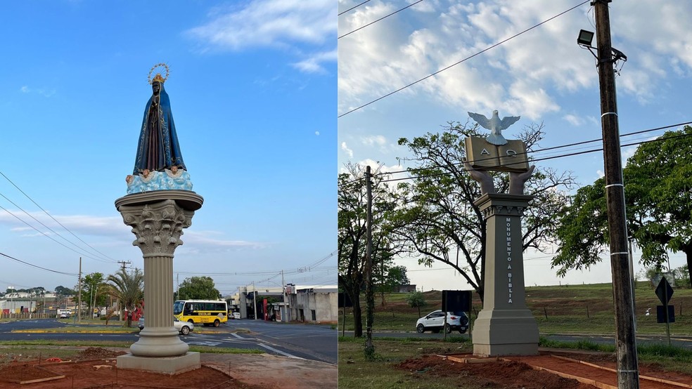 Esculturas têm como objetivo homenagear católicos e evangélicos em Bastos — Foto: Prefeitura de Bastos/Divulgação