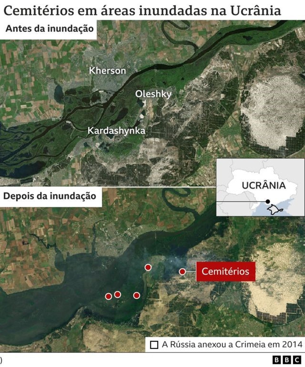Satélite mostra áreas inundadas na Ucrânia — Foto: BBC