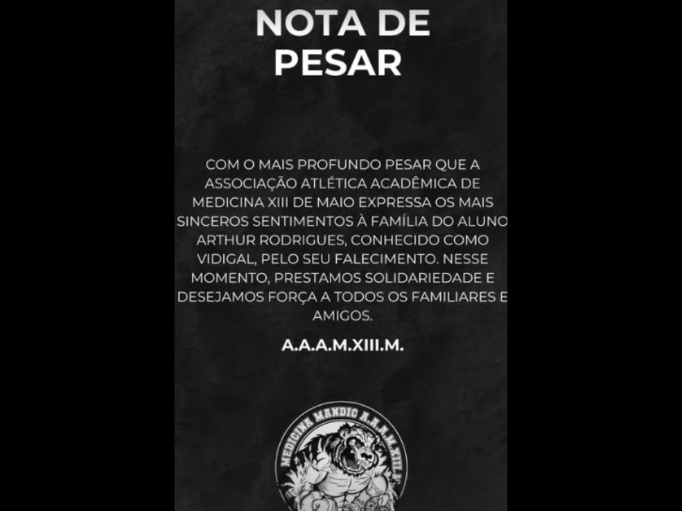 Nota de pesar emitida pela Associação Atlética Acadêmica Mandic. — Foto: Reprodução/Redes Sociais