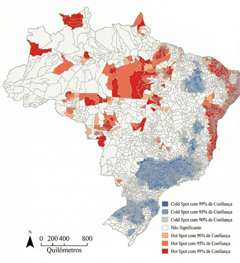 Utilizando uma técnica chamada análise geoespacial, o estudo dividiu o país em áreas de risco — Foto: Autores do estudo