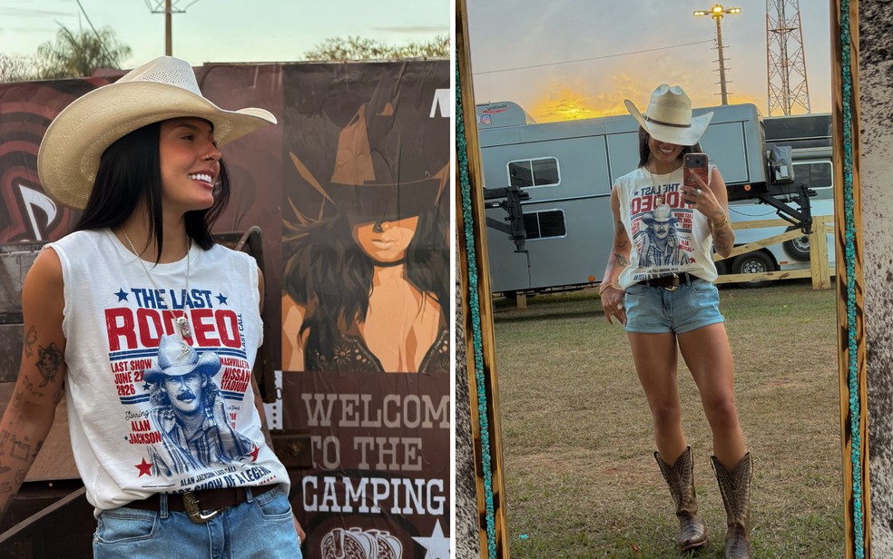 Ana Castela usa regata estampada e short jeans para curtir camping em Barretos — Foto: Reprodução/Instagram