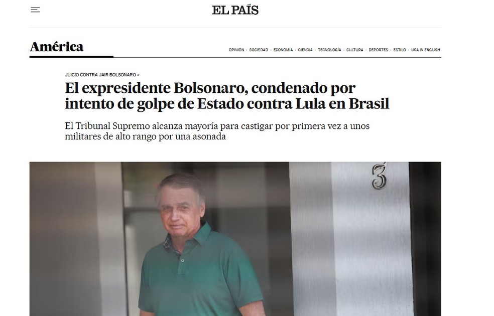 El País repercute a formação de maioria no STF para condenação de Bolsonaro. — Foto: Reprodução/ El País