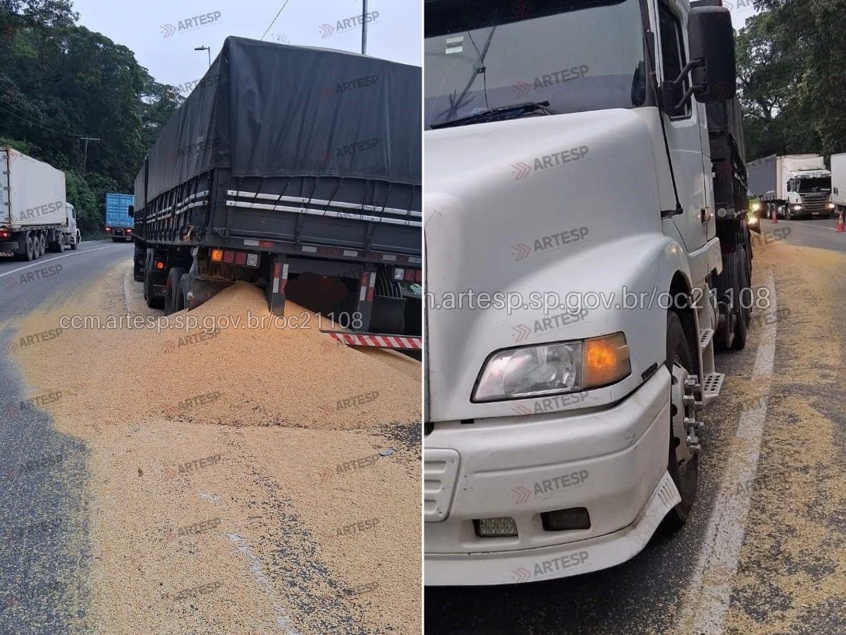 Caminhão bate em carreta e espalha soja na Anchieta, SP