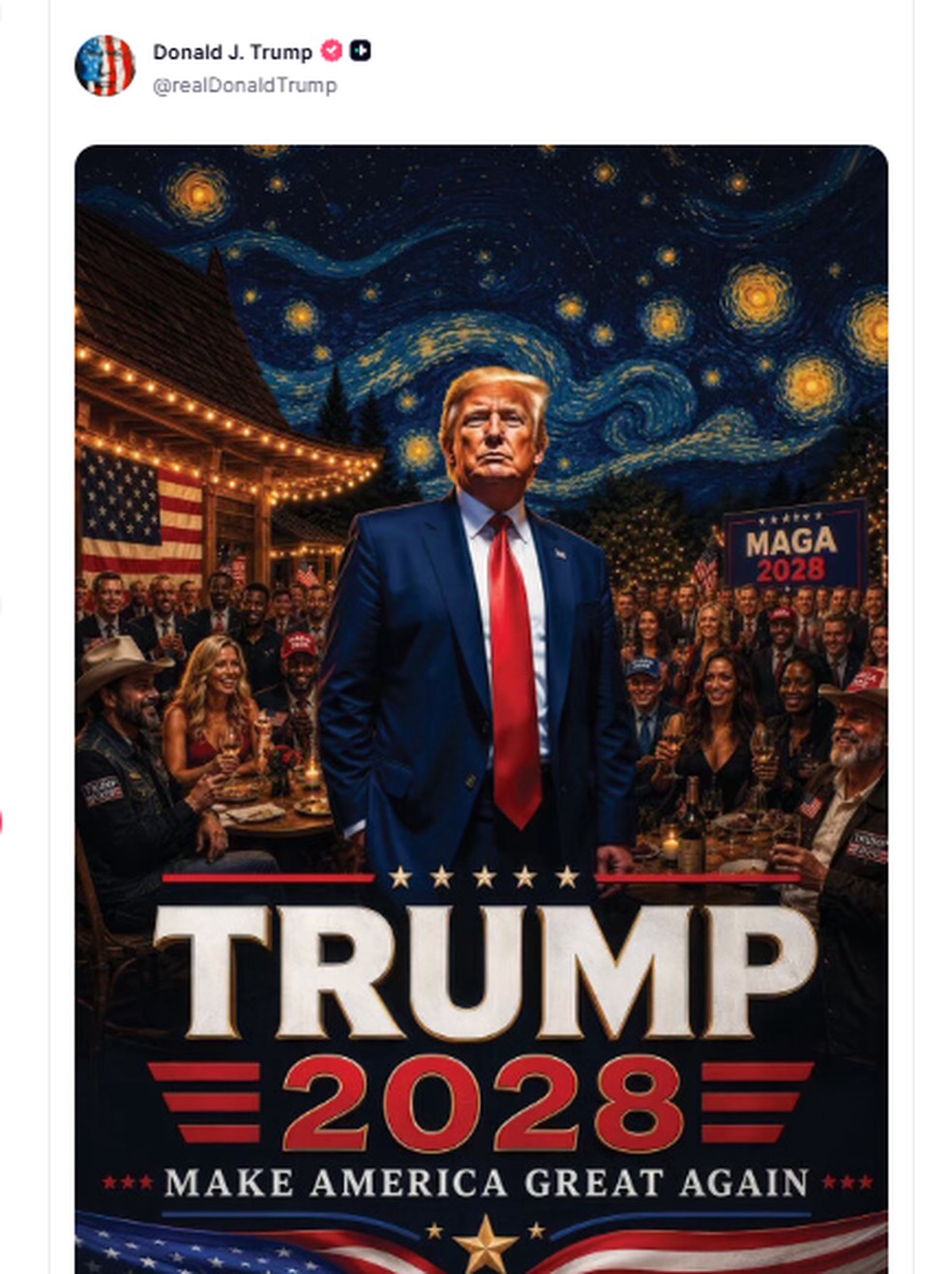 Publicação feita pelo presidente dos EUA, Donald Trump, de cartaz com uso de IA mencionando reeleição, em 1º de agosto de 2026. — Foto: Reprodução/ Truth Social