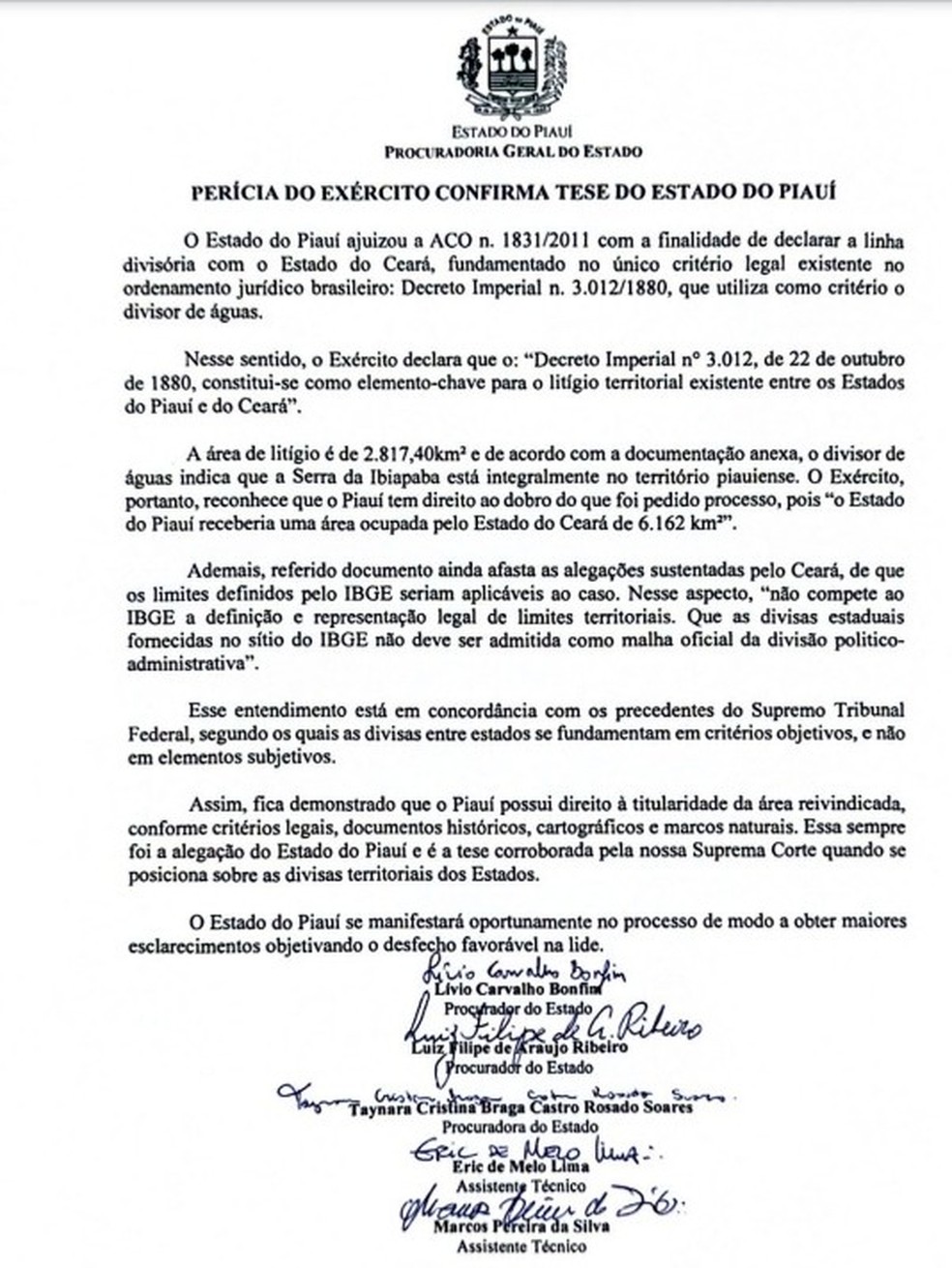 Tese do Piauí é confirmada pelo laudo do Exército, afirma PGE-PI sobre perícia do litígio entre PI e CE — Foto: Reprodução