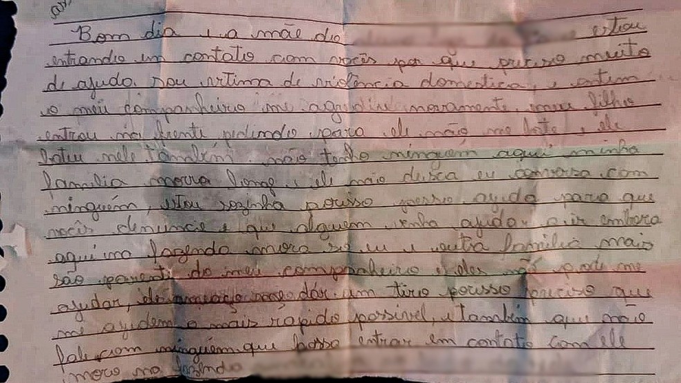 Mãe escreveu carta de socorro e deu a filho, que pediu ajuda em escola de Água Clara (MS).  — Foto: PCMS/Reprodução