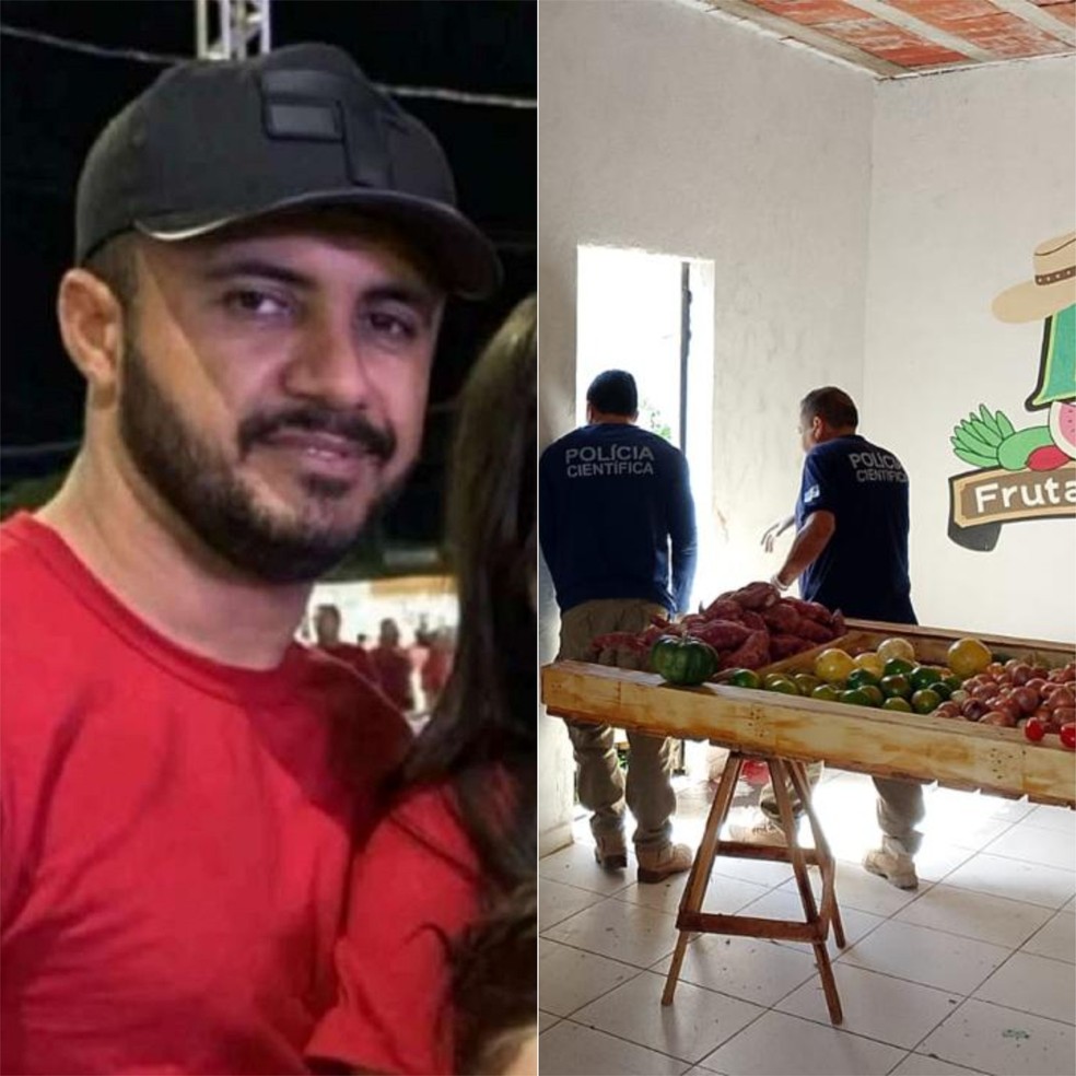 Gustavo José dos Santos, de 30 anos, foi morto a tiros dentro do próprio estabelecimento de frutas e verduras — Foto: Foto 1: Cedida | Foto 2: Polícia Civil