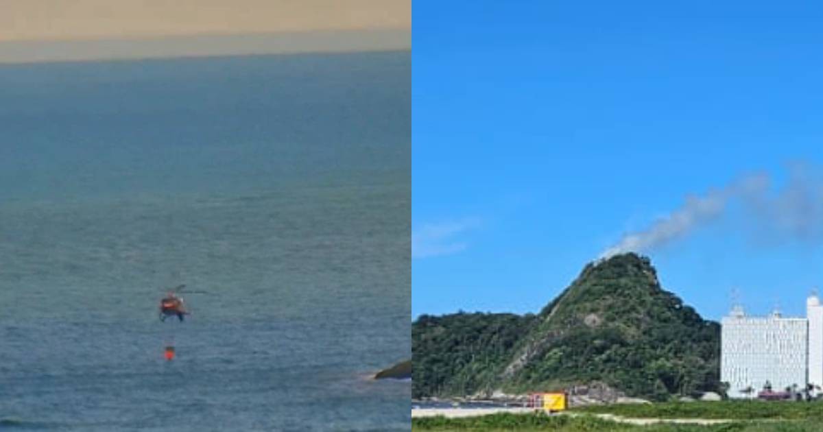Vídeo: helicóptero usa água do mar para combater incêndio que dura mais de 24 horas em morro no litoral do Paraná