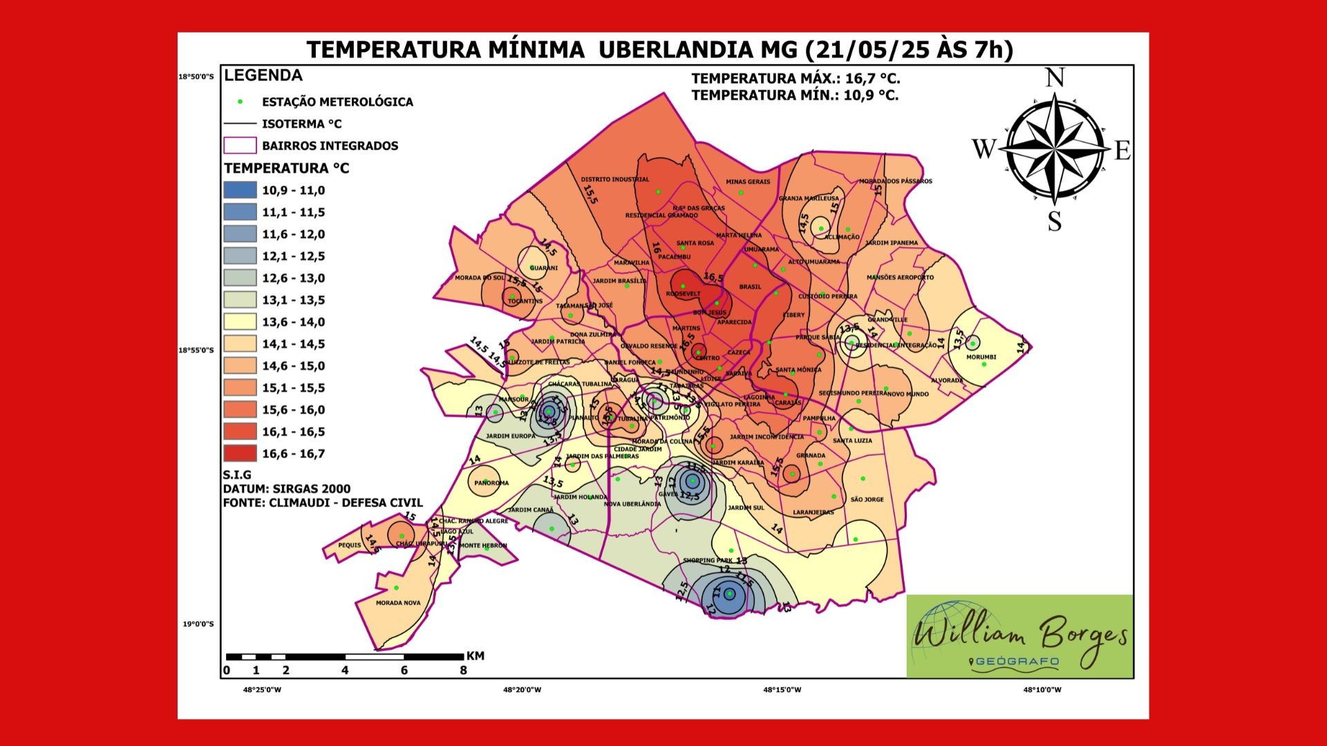 Uberlândia registra a menor temperatura do ano com 10,9°C no Bairro Shopping Park
