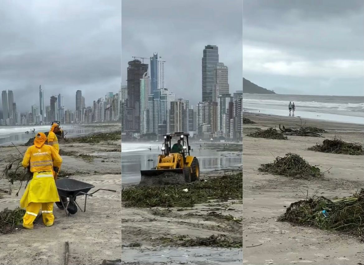 FOTOS: após temporal, praia de Balneário Camboriú tem banhistas em meio a sujeira e máquinas de limpeza