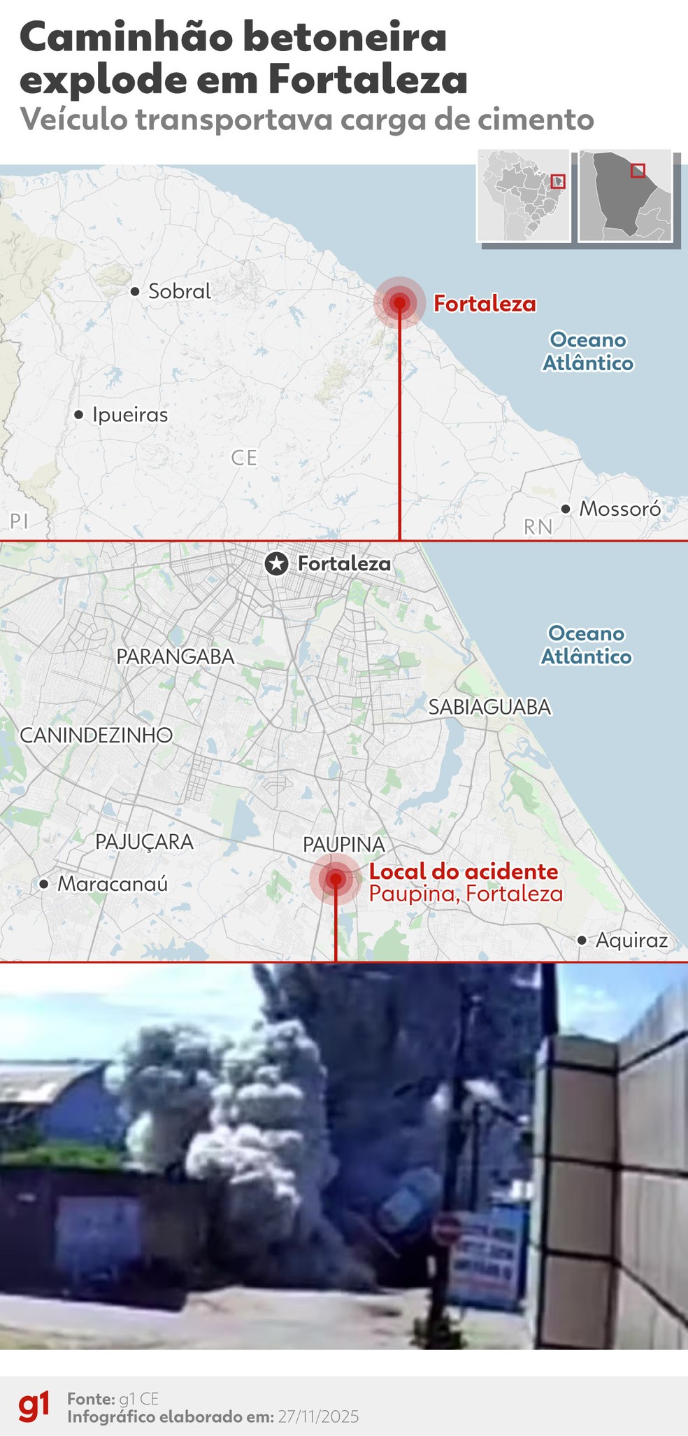 Caminhão carregado de cimento explode em Fortaleza — Foto: Arte/g1