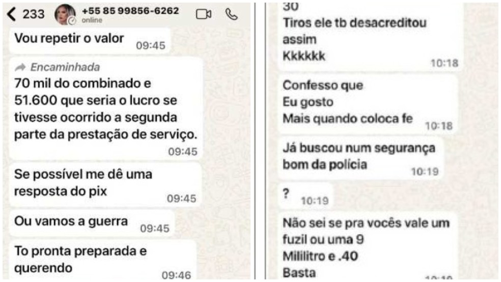 Mensagens de advogada para assessores de deputado cobrando supostos valores devidos — Foto: Reprodução