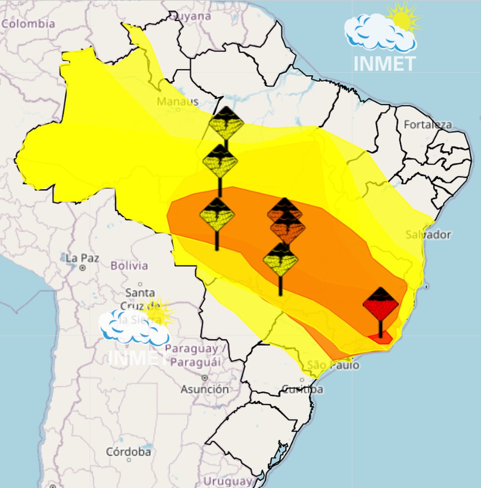 Boa parte do país deve ter tempo instável no fim de semana. — Foto: Inmet