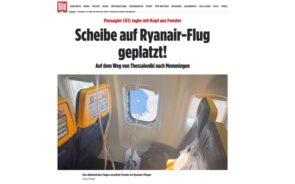 Voo da Ryanair faz pouso de emergência na Grécia após passageiro quase ser sugado para fora do avião em 10 de julho de 2026. — Foto: Reprodução/Bild