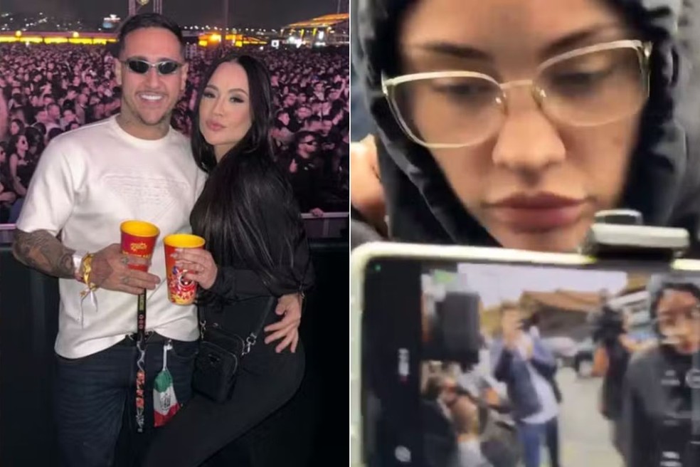 Rafaela Costa e Igor Peretto (à esq). Viúva chegando na DIG em Praia Grande (SP) (à dir.). — Foto: Reprodução/Redes Sociais e Matheus Croce/TV Tribuna