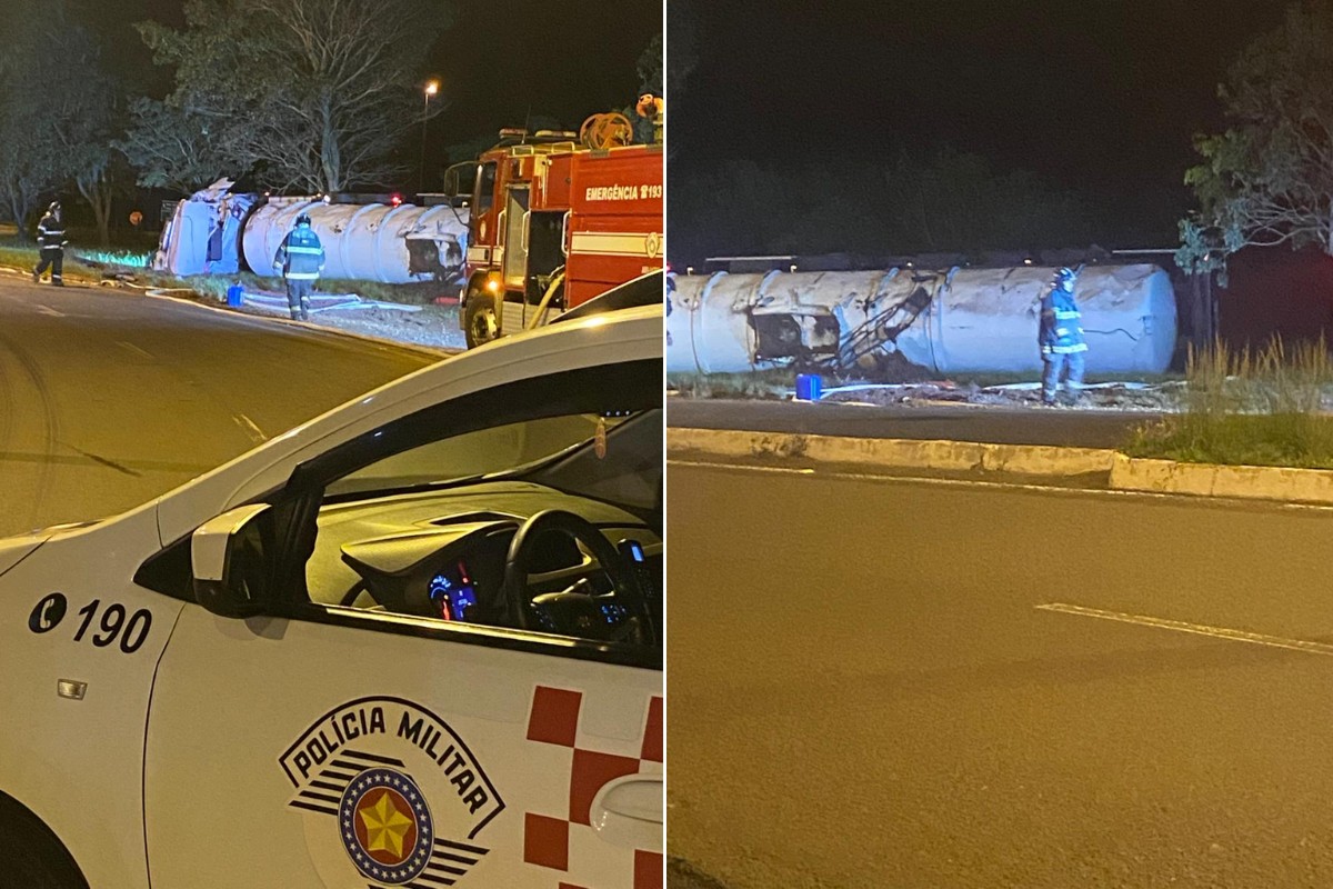 Caminhão-tanque com etanol tomba em rodovia do interior de SP e motorista fica ferido 