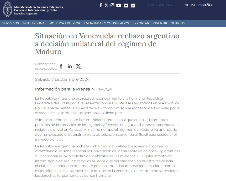 Argentina alerta Venezuela contra 'qualquer tentativa' de retirada de asilados embaixada em Caracas