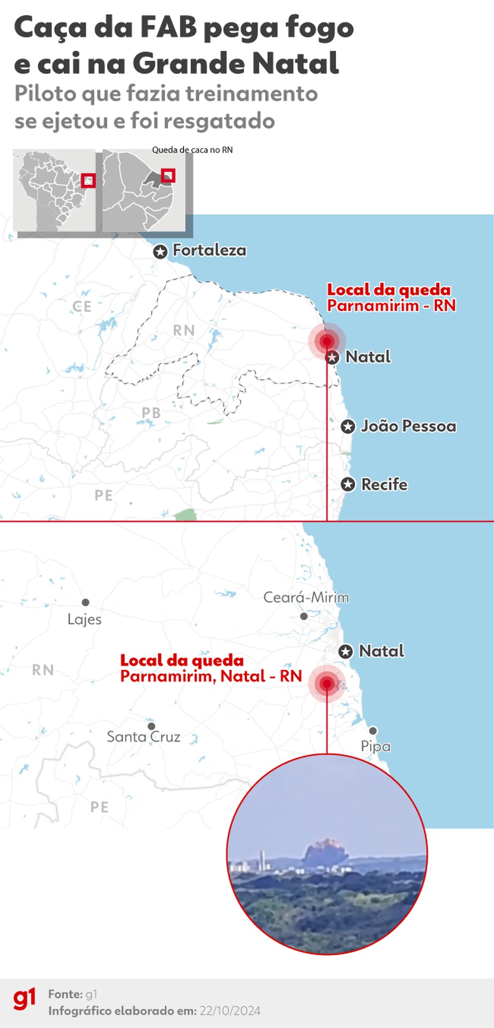 Mapa mostra local da queda de caa da FAB na Grande Natal  Foto: Arte/g1