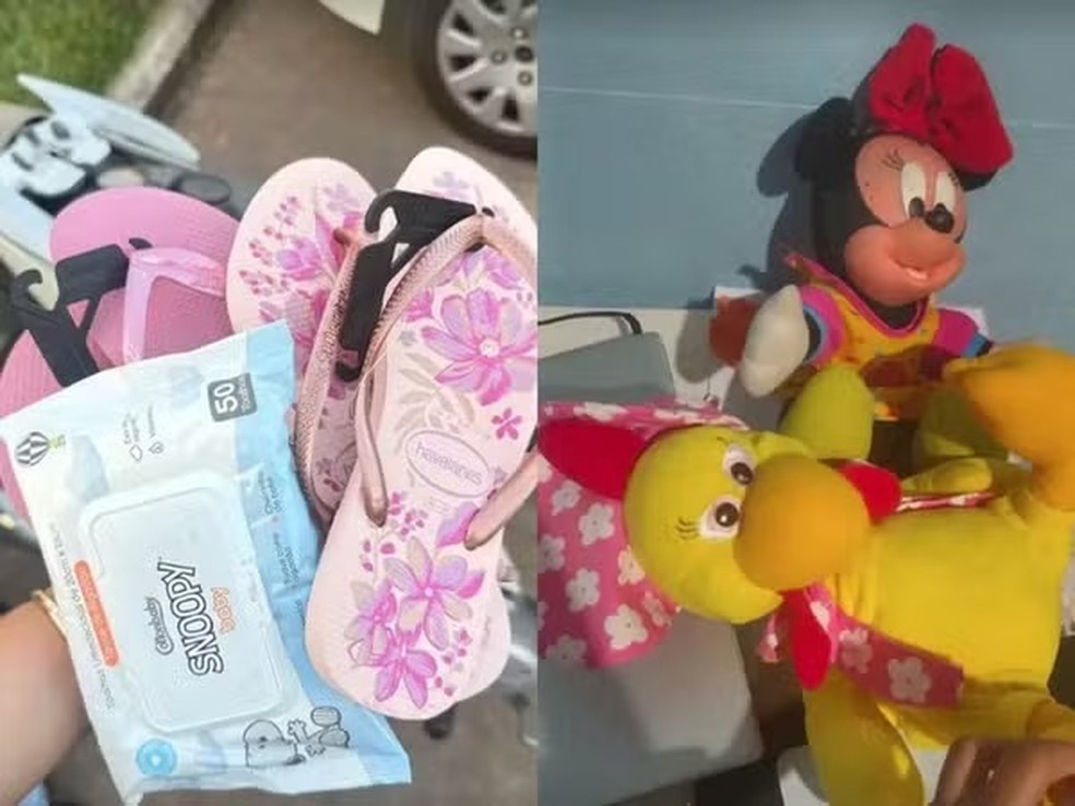 Menina recebeu sandálias, cobertores, pijamas, lenço umedecidos e alguns brinquedos — Foto: Redes sociais/ Instagram