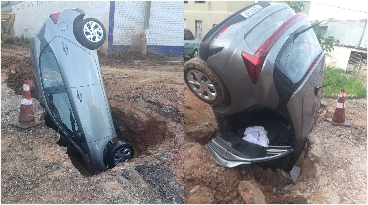 Motorista abandona carro embicado dentro de buraco de obra em Diadema, na Grande SP; veja vídeo