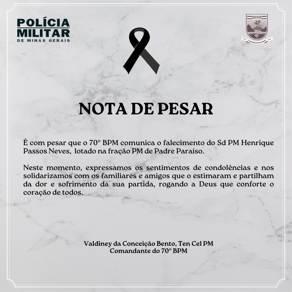 Comunicado da Polícia Militar a respeito da morte do soldado — Foto: Polícia Militar 