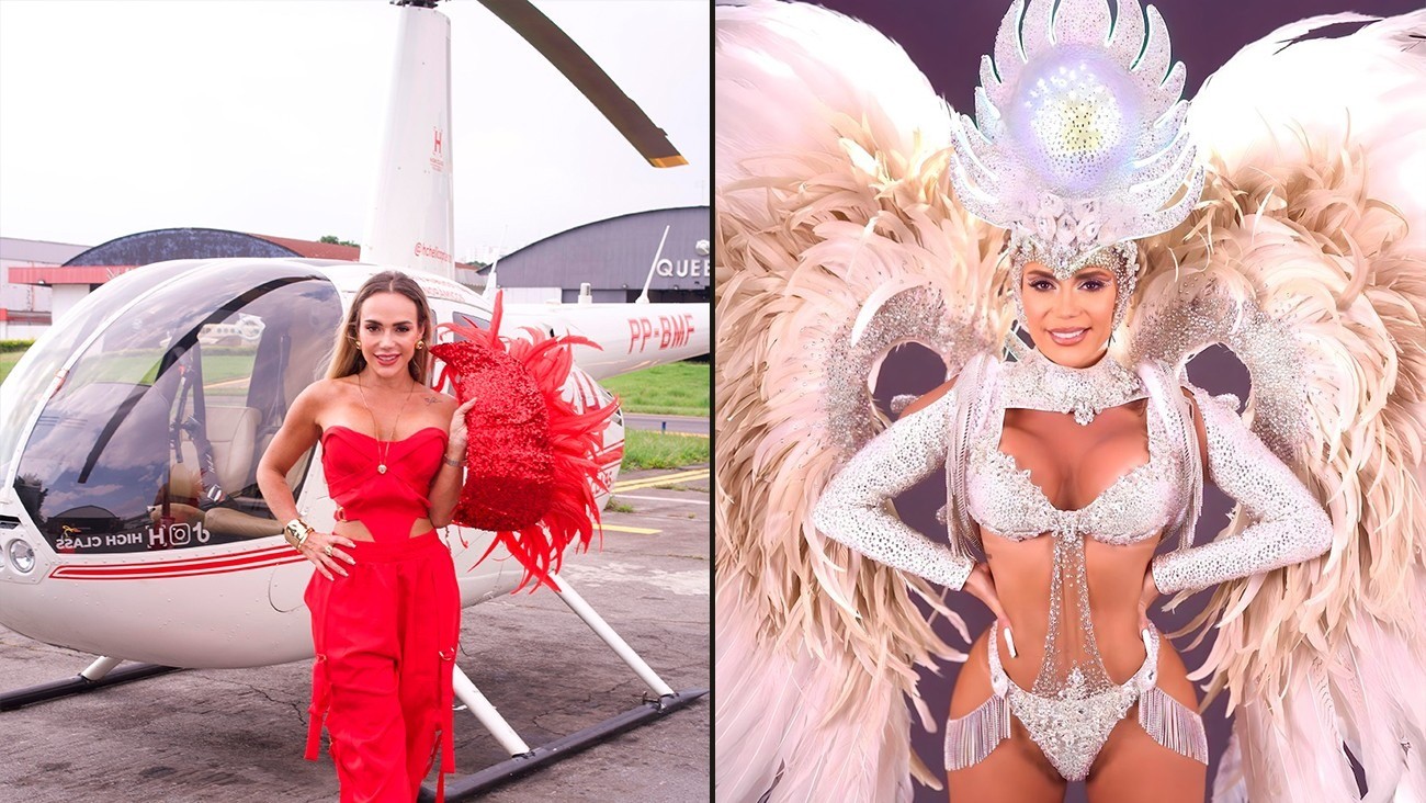 Quem é a musa da Gaviões que viajou de helicóptero para desfilar em Santos e já teve a genitália exposta no sambódromo