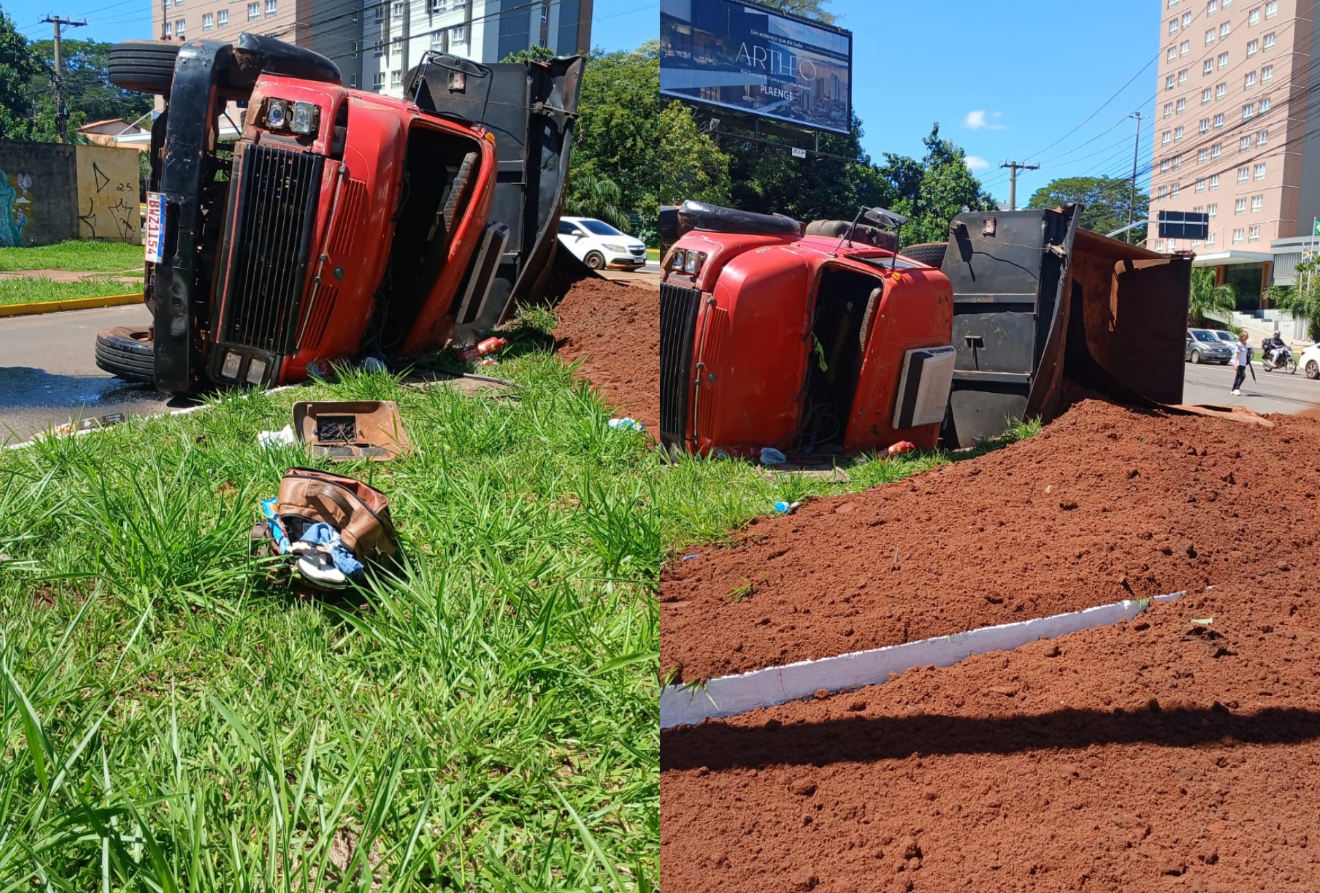 Caminhão perde freio, tomba em rotatória e motorista fica ferido em Campo Grande