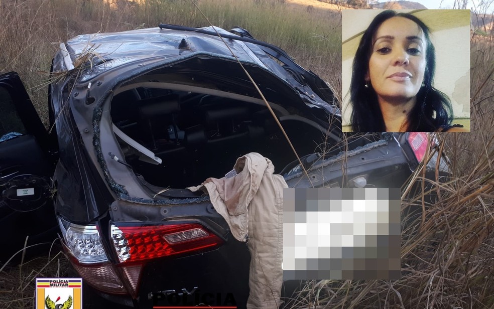 Professora morre após ser arremessada de carro que capotou na BR-354, em Campo Belo, MG — Foto: Polícia Militar Rodoviária e Funerária