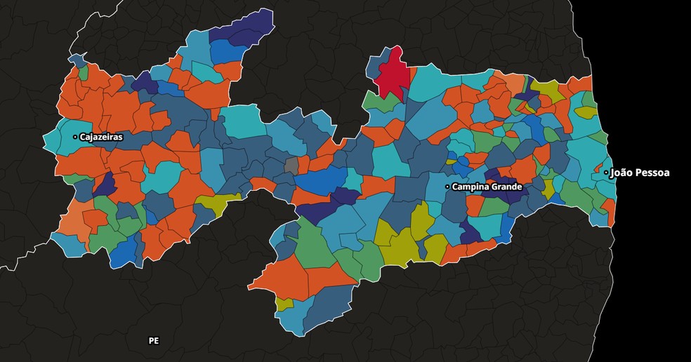 Mapa das Eleições 2024 por partido, na Paraíba — Foto: Reprodução/g1