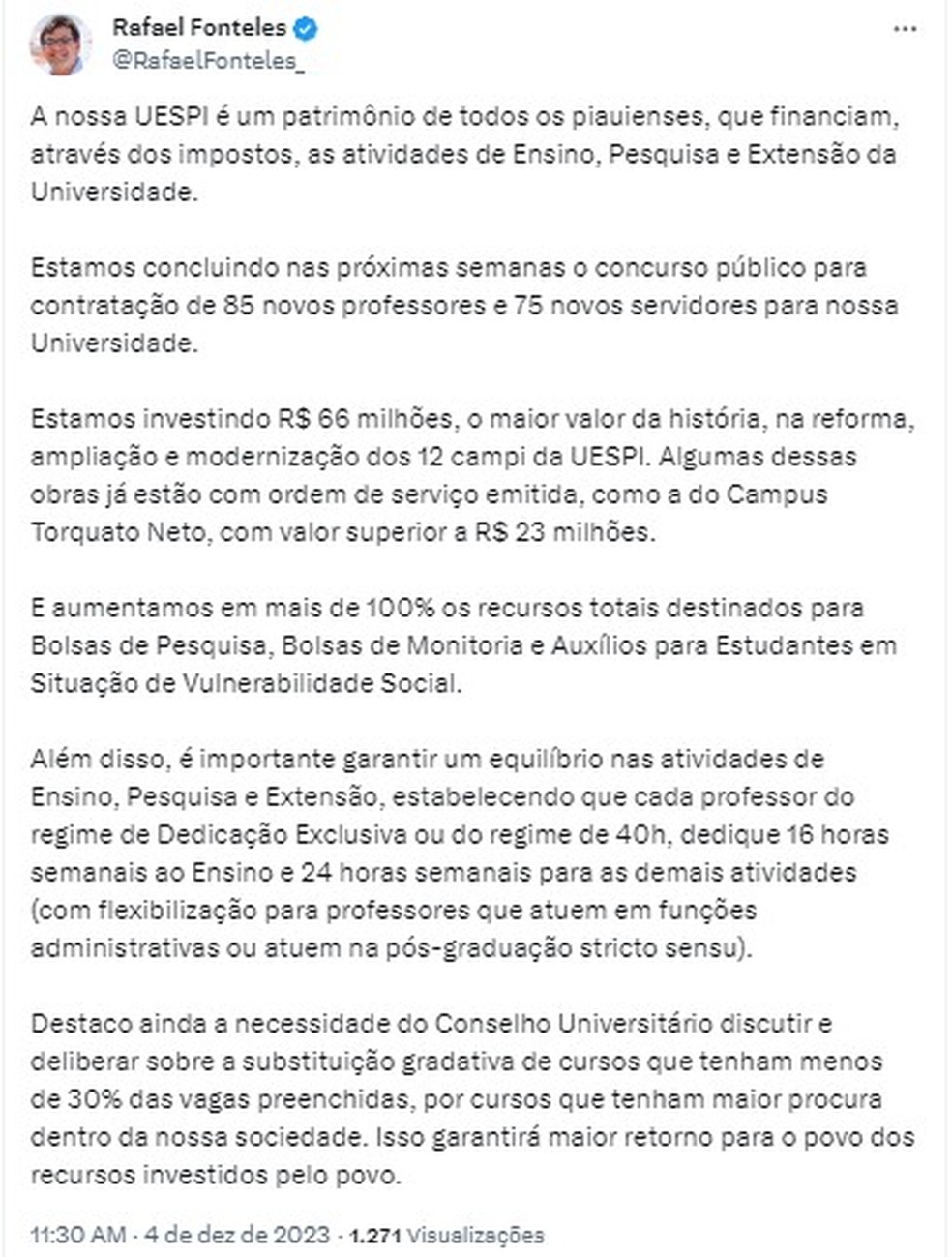 Rafael Fonteles anuncia melhorias para a Uespi — Foto: Reprodução/X