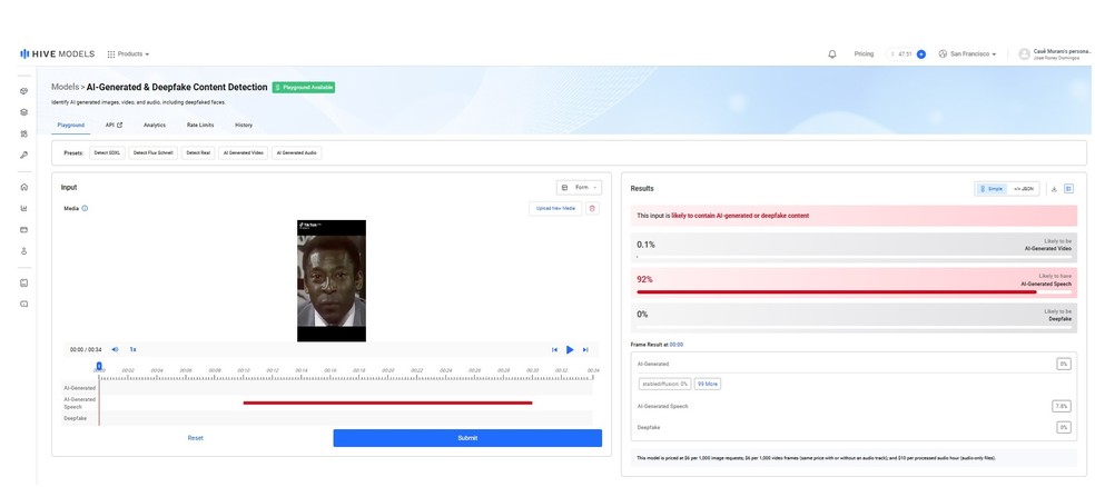 O Fato ou Fake submeteu o vídeo à ferramenta de detecção Hive Moderation. Resultado da análise: probabilidade de 92% de o áudio ter sido criado com inteligência artificial. — Foto: Reprodução