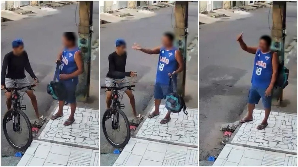 Homem escapa de roubo por conhecer os ladrões e manda "joinha" para eles, em Fortaleza — Foto: Câmeras de segurança