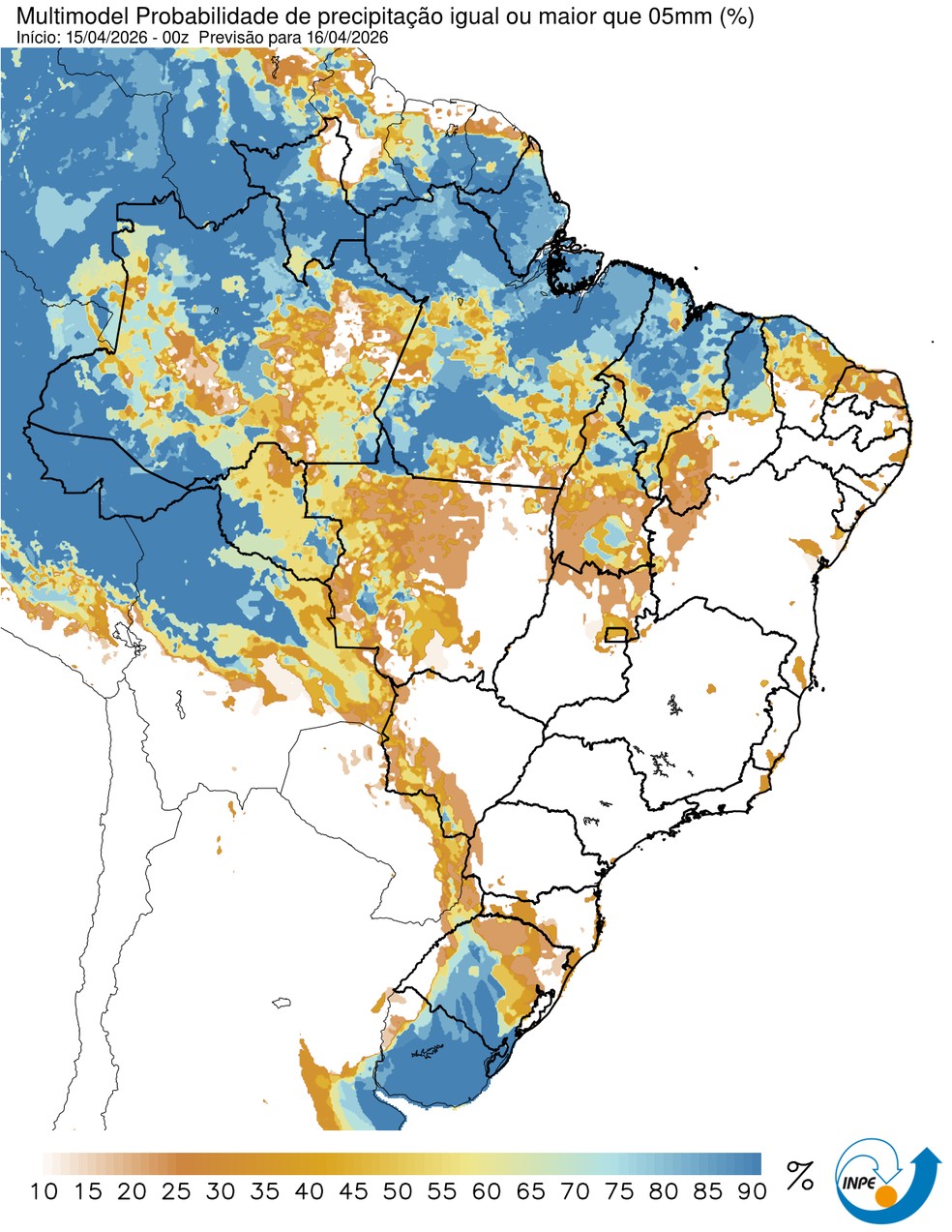 Mapa mostra previsão de chuva para esta quinta (16) em todo o Brasil. — Foto: CPTEC/Inpe