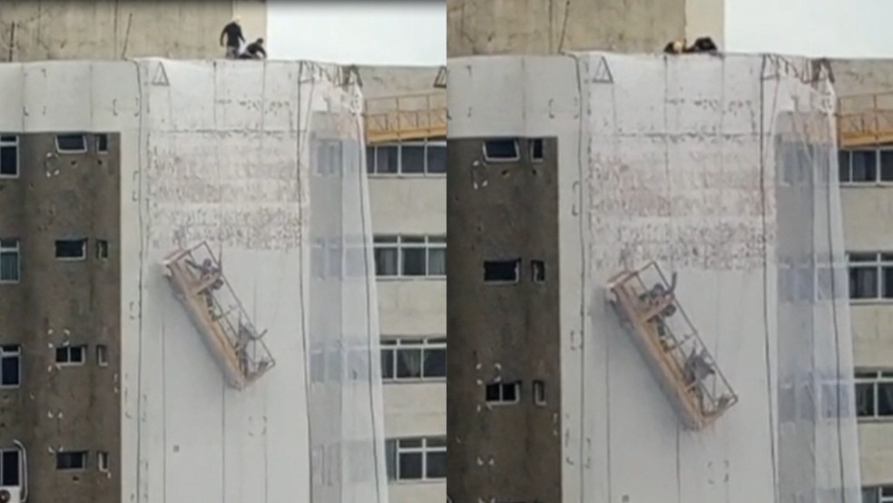 Colegas salvaram os operários pendurados. — Foto: Reprodução/TV Verdes Mares