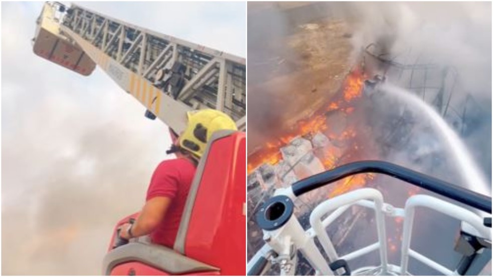 Bombeiros usaram uma escada articulada para despejar água por cima da fábrica. — Foto: Corpo de Bombeiros/ Divulgação