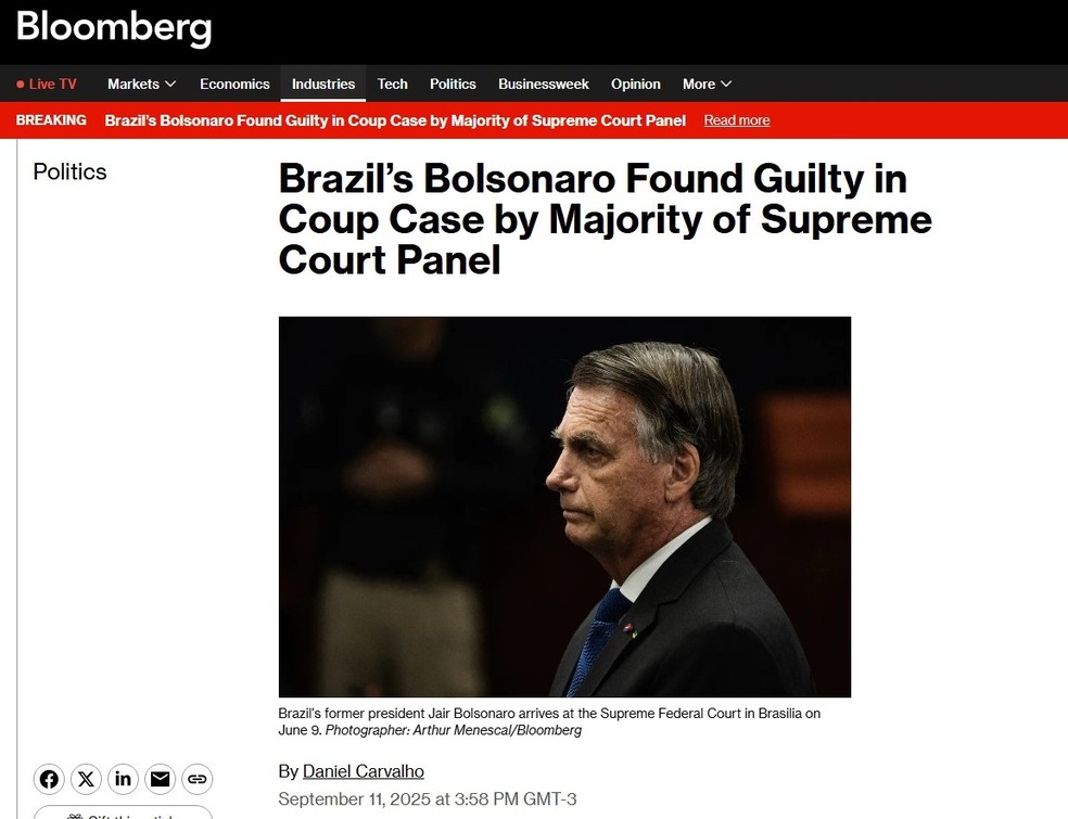 Bloomberg repercute a formação de maioria no STF para condenação de Bolsonaro. — Foto: Reprodução/ Bloomberg