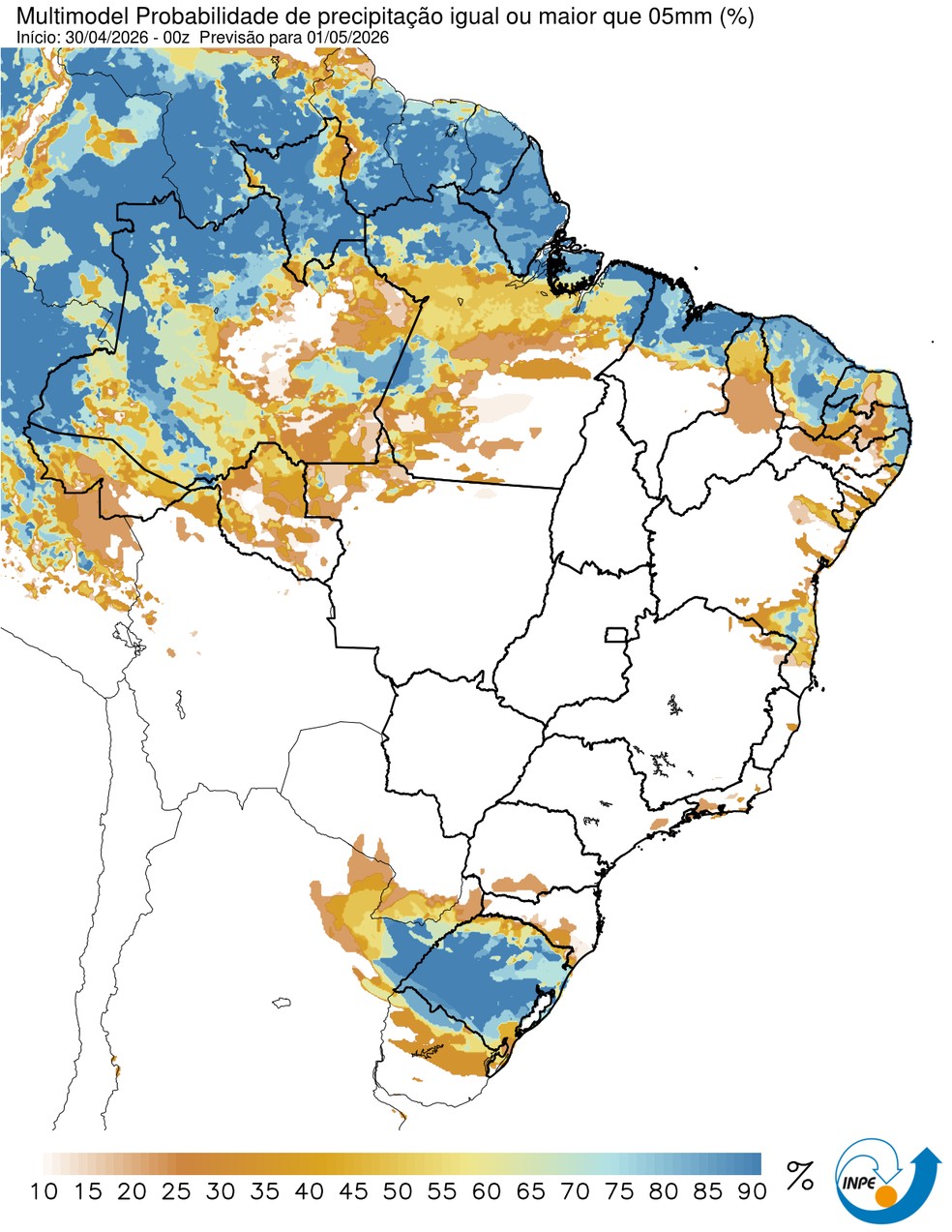 Probabilidade de chuva nesta sexta (01) em todo o Brasil. — Foto: CPTEC/Inpe