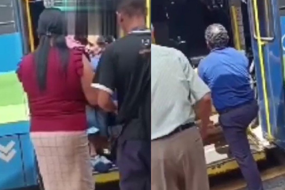 Cadeirante foi carregado pelo motorista devido a um problema no elevador, que parou de descer em Cubatão (SP) — Foto: Arquivo pessoal