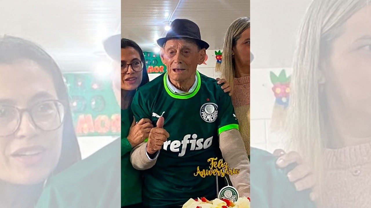 Idoso ganha festa da torcida do Palmeiras no aniversário de 99 anos e revela segredo para a longevidade: ‘Amor à família e torcida pelo Verdão’
