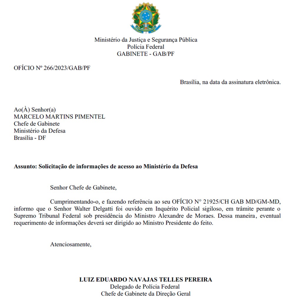 Negativa da Polícia Federal a pedido de informação feito pelo Ministério da Defesa — Foto: Reprodução