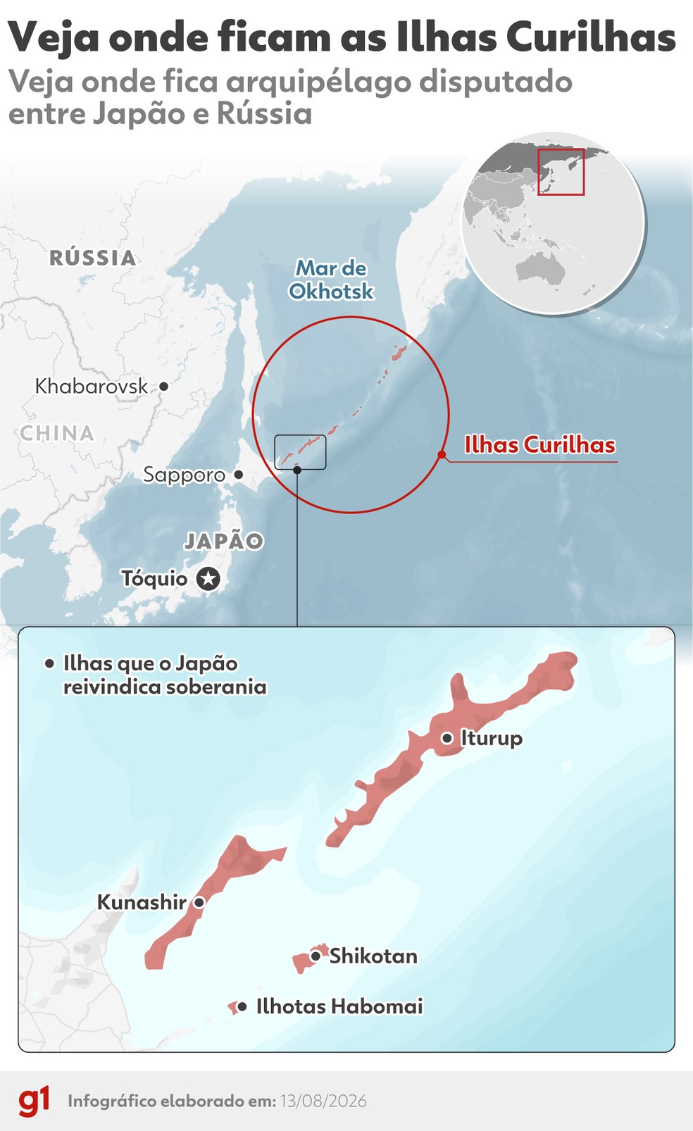 Mapa mostra onde ficam as Ilhas Curilhas, disputadas entre o Japão e a Rússia. — Foto: Dhara Pereira/Arte g1