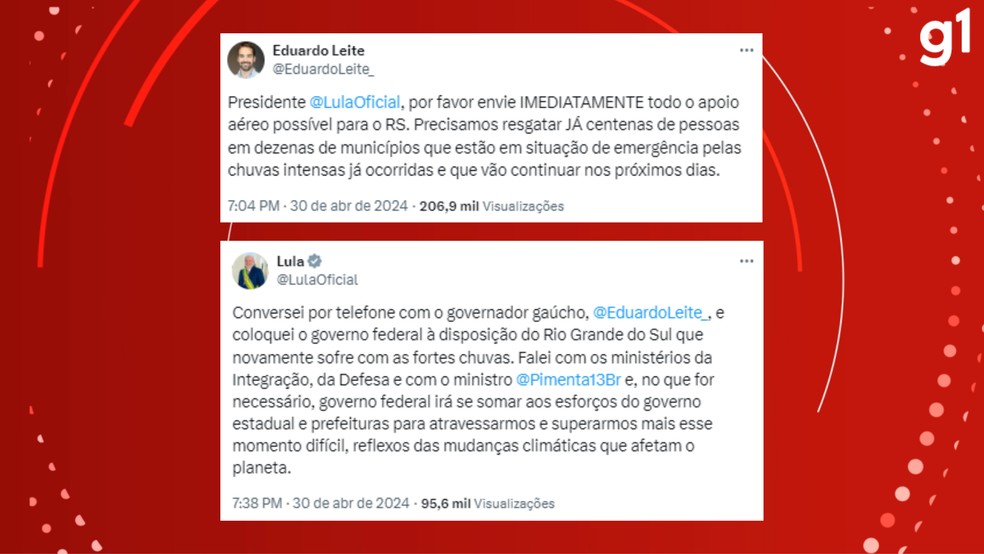 Troca de mensagens entre Eduardo Leite e Lula — Foto: X/Reprodução