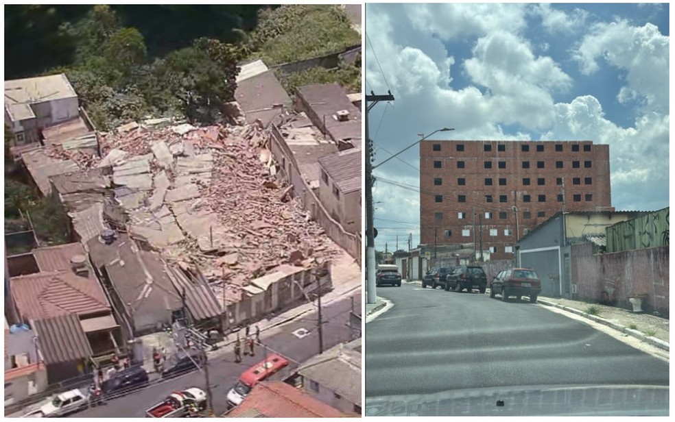 Depois e antes de prédio que desabou na Zona Norte de SP — Foto: Reprodução/Arquivo pessoal/TV Globo