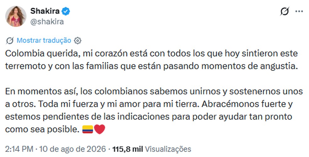Shakira presta solidariedade ao povo colombiano — Foto: Reprodução