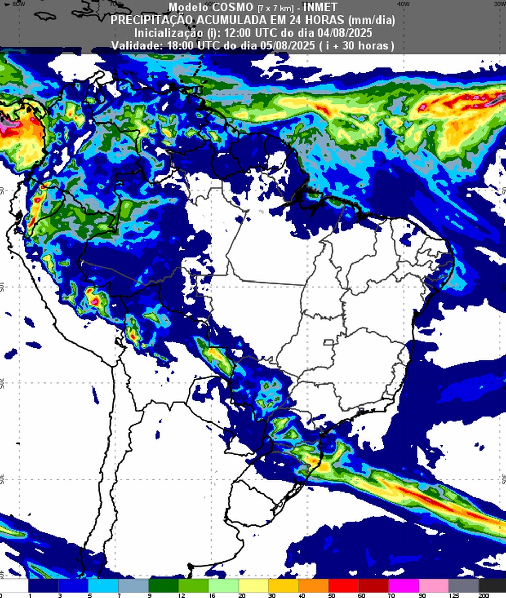 Mapa do Inmet mostra chuva concentrada na parte oeste do Norte, em alguns estados do Sul e no litoral do Nordeste. — Foto: Inmet