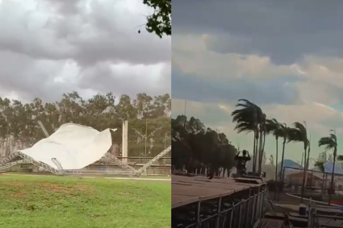 Temporal com ventos de 70 km/h leva tenda de festa e deixa estragos no sul de MS; veja vídeo