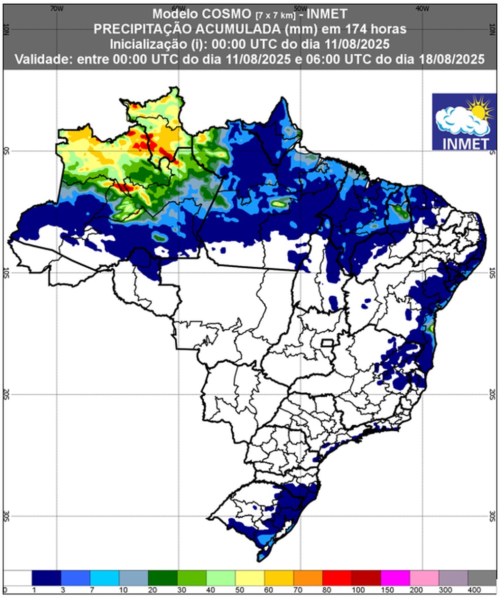Previsão de chuva acumulada (11 de agosto a 18 de agosto de 2025). — Foto: Inmet/Reprodução