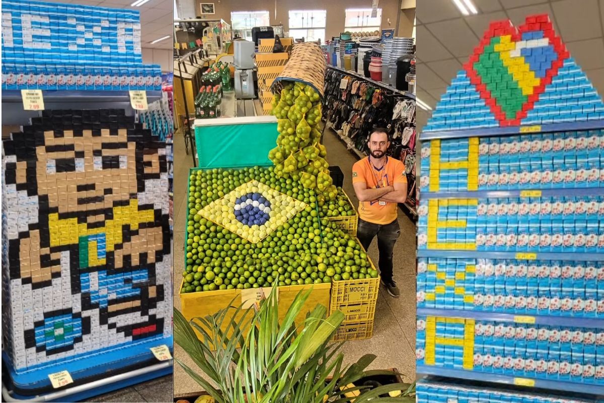 Flag of Brazil with lemons and hexagram written in cream: stockist uses Pixel Art to give shelves in Paraná a World Cup atmosphere